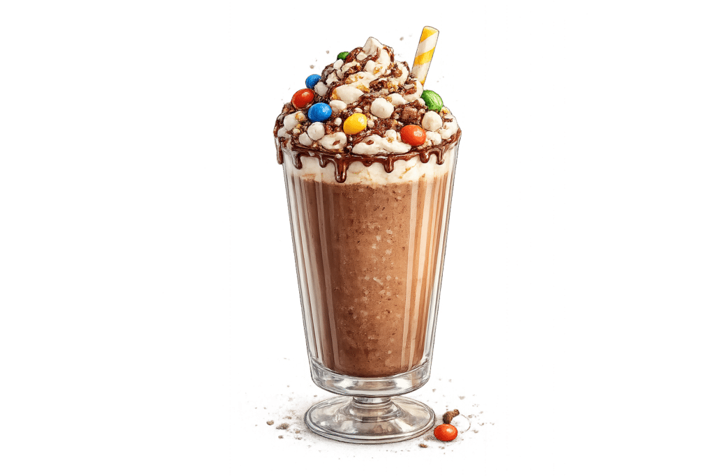 Milkshake au chocolat avec chantilly, coulis chocolat et bonbons colorés