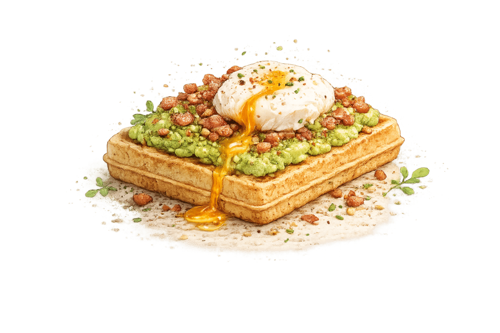 Gaufre salée avec avocat, œuf poché coulant et garniture croustillante