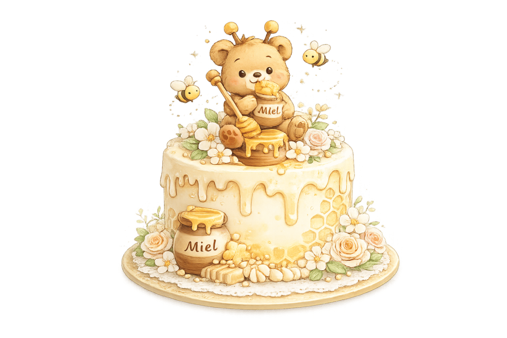 Gâteau ourson au miel avec décoration abeilles pour anniversaire enfant