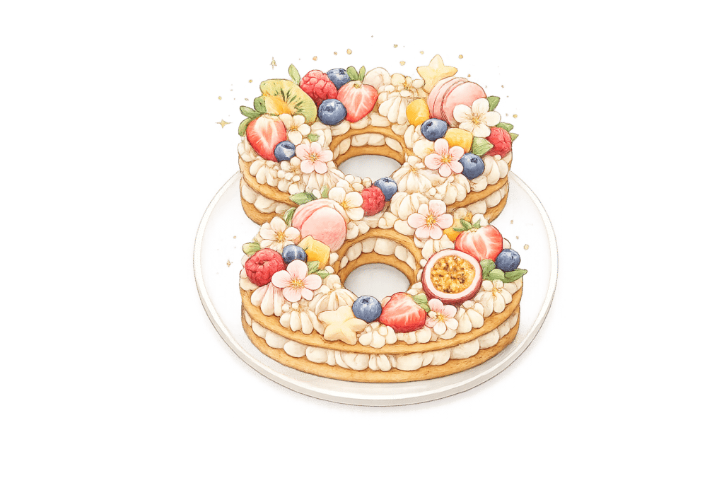 Number cake en forme de chiffre avec fruits frais et fleurs décoratives
