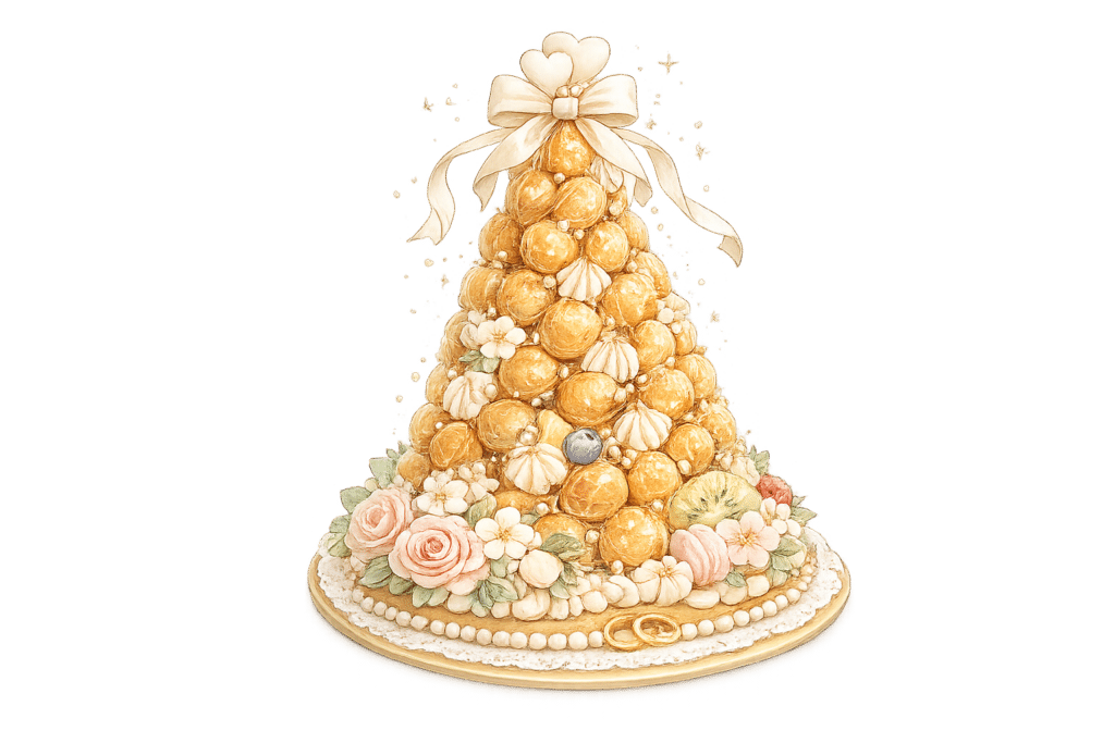 Pièce montée en choux dorés avec décoration florale pour mariage