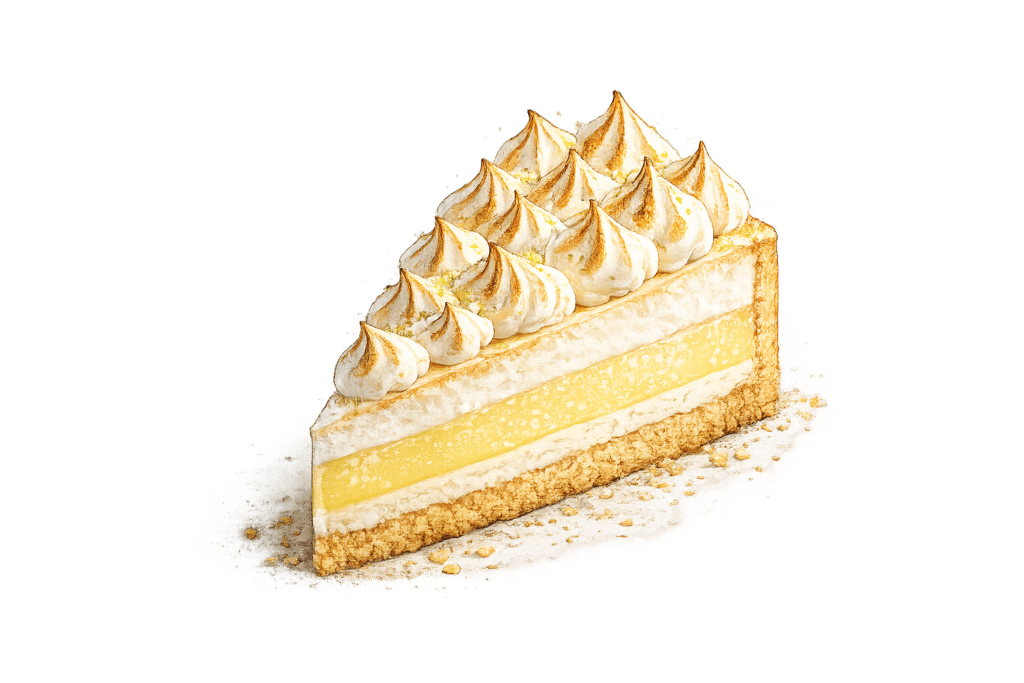 Part de tarte au citron meringuée avec meringue dorée et crème citron