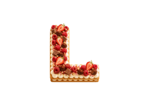 Letter Cakes Les délices de la brune en forme de lettre aux saveurs fraise, chocolat, praliné et fruits exotiques