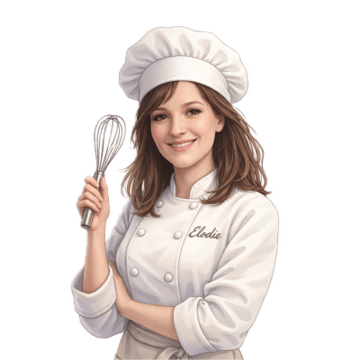 Illustration d’une pâtissière avec toque tenant un fouet, tenue de chef pâtissier